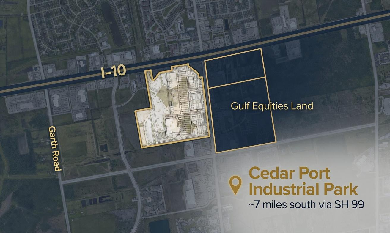 Aerial location map — Baytown City Center Development tracts adjacent to San Jacinto Marketplace, at Interstate 10 and Garth Road, with TGS Cedar Port Industrial Park to the south